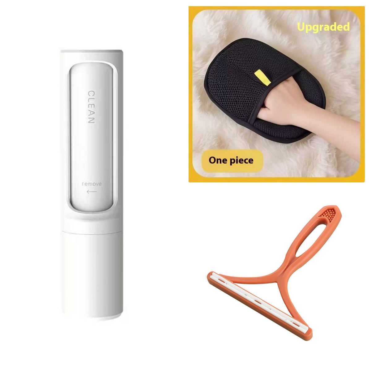 Cleaning product set with a white container, black mesh scrubber, and orange squeegee on a white background.